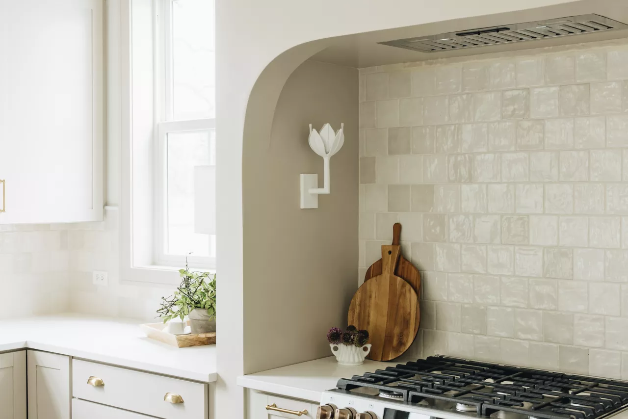 Placeholder photograph of a light tile kitchen backsplash