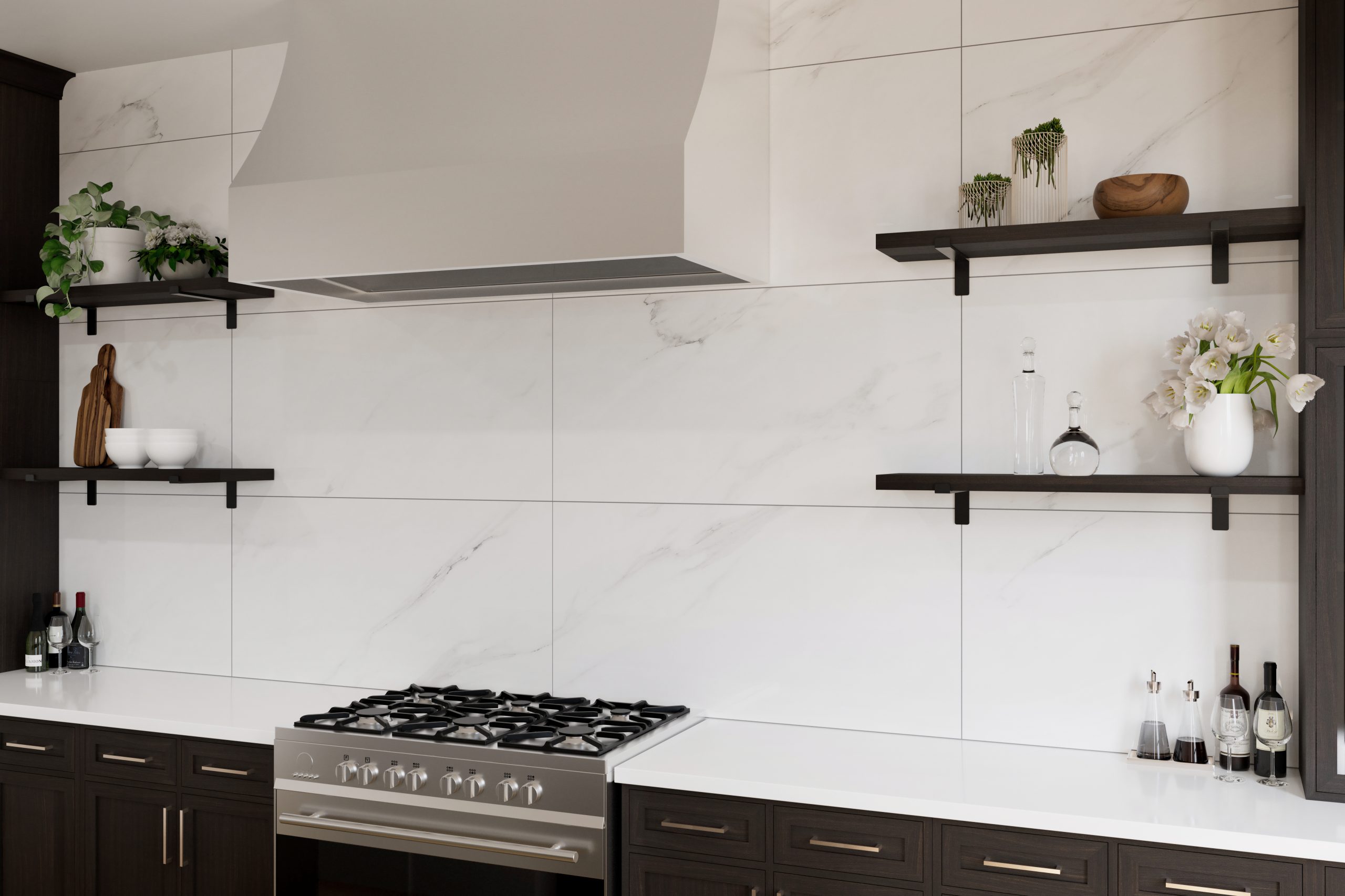 A porcelain tile surface with a polished warm-toned finish